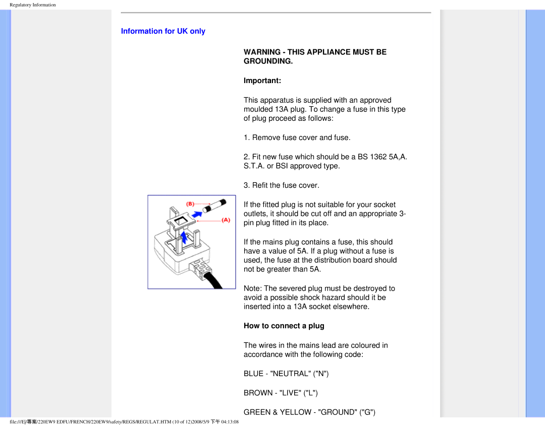 Philips 220EW9 user manual Information for UK only, Grounding 