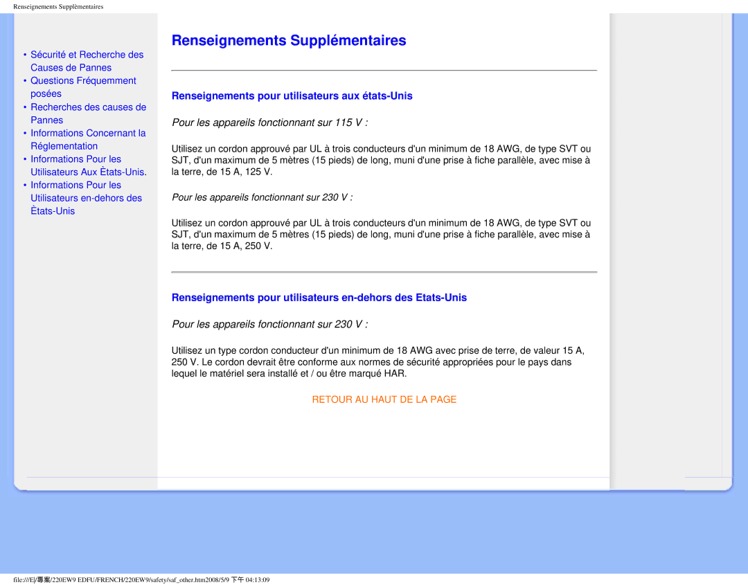 Philips 220EW9 user manual Renseignements Supplémentaires, Renseignements pour utilisateurs aux états-Unis 