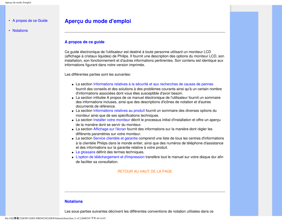 Philips 220EW9 user manual Aperçu du mode demploi, Propos de ce guide, Notations 