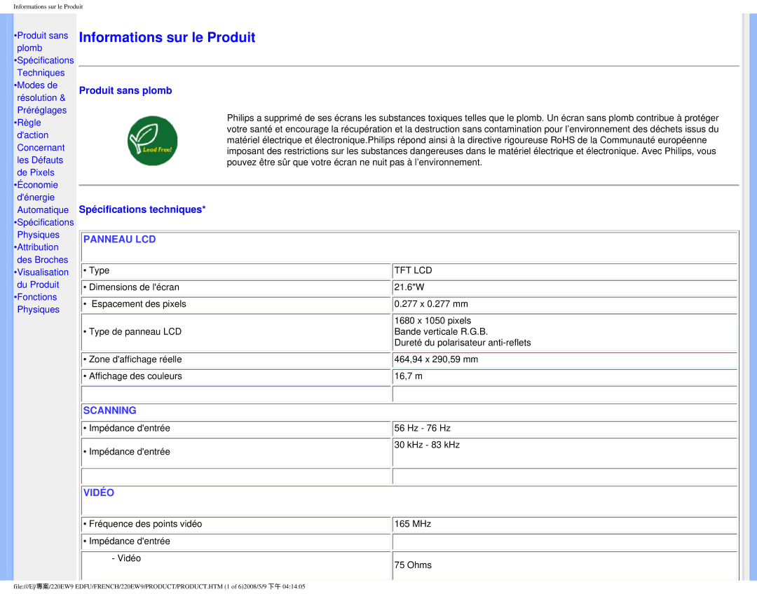 Philips 220EW9 user manual Informations sur le Produit 