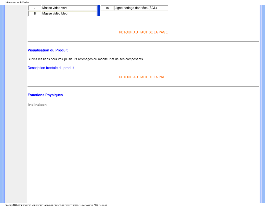 Philips 220EW9 user manual Visualisation du Produit 