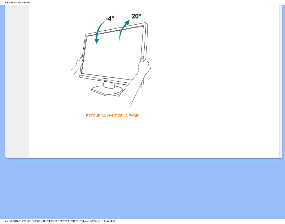 Philips 220EW9 user manual Retour AU Haut DE LA 