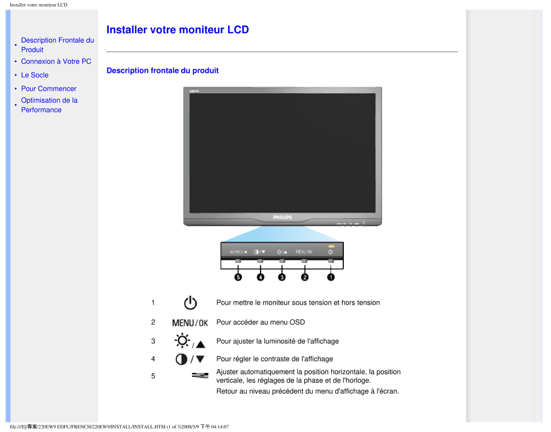 Philips 220EW9 user manual Installer votre moniteur LCD, Description frontale du produit 