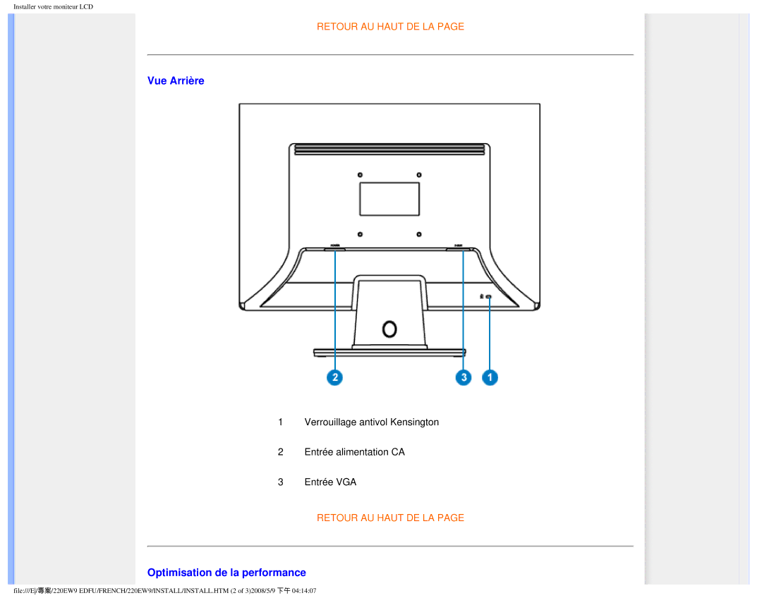 Philips 220EW9 user manual Vue Arrière, Optimisation de la performance 