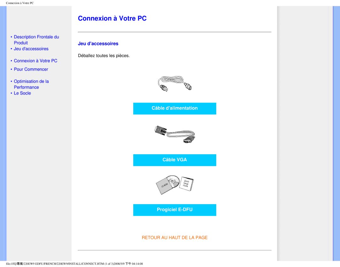 Philips 220EW9 user manual Connexion à Votre PC, Jeu daccessoires 