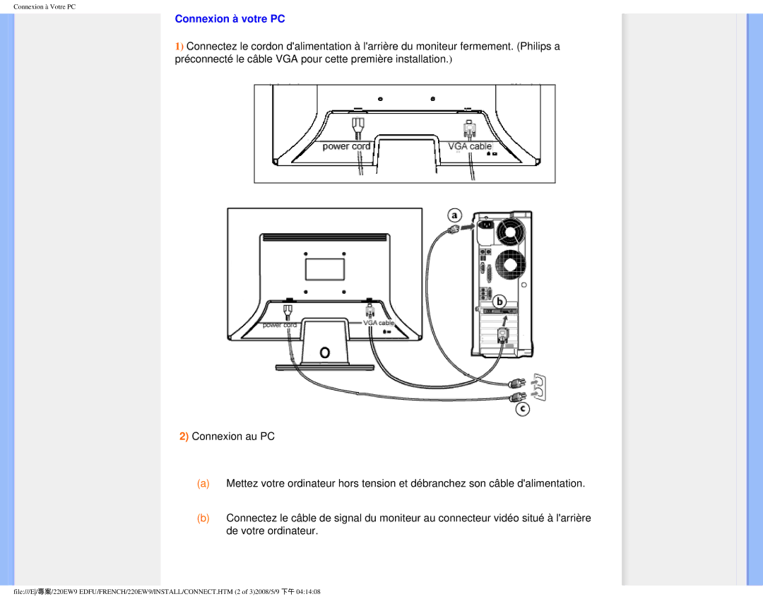 Philips 220EW9 user manual Connexion à votre PC 