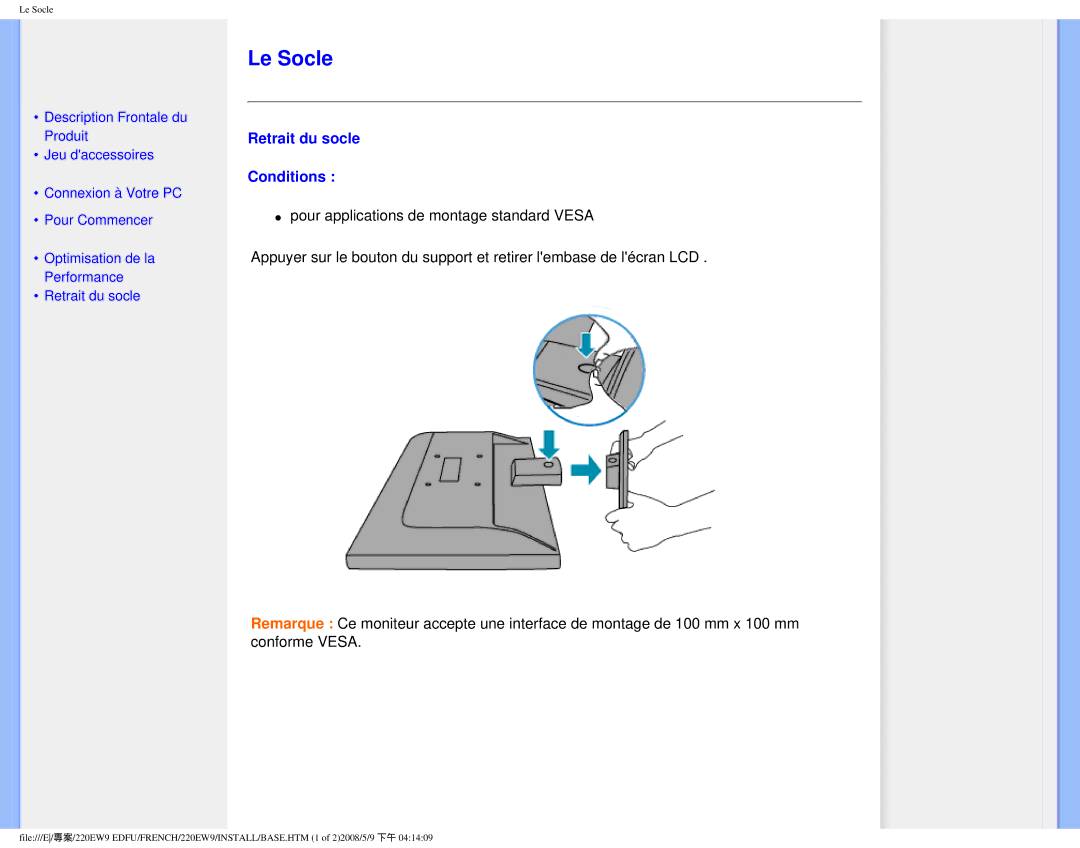 Philips 220EW9 user manual Le Socle, Retrait du socle Conditions 