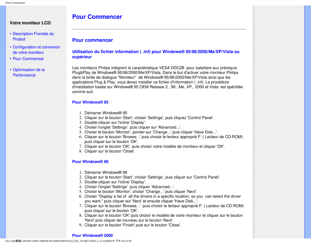 Philips 220EW9 user manual Pour Commencer, Votre moniteur LCD 