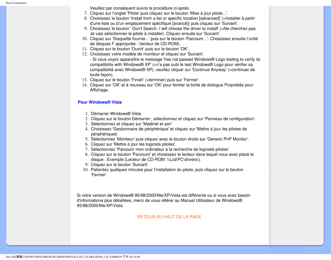 Philips 220EW9 user manual Pour Windows Vista 