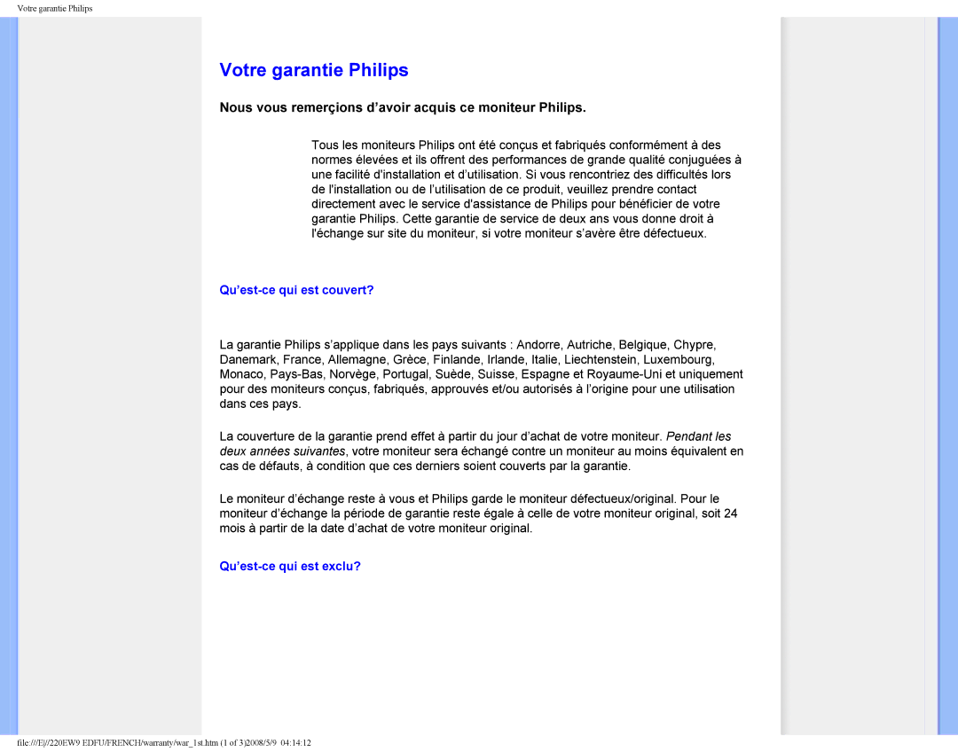 Philips 220EW9 user manual Votre garantie Philips, Nous vous remerçions d’avoir acquis ce moniteur Philips 