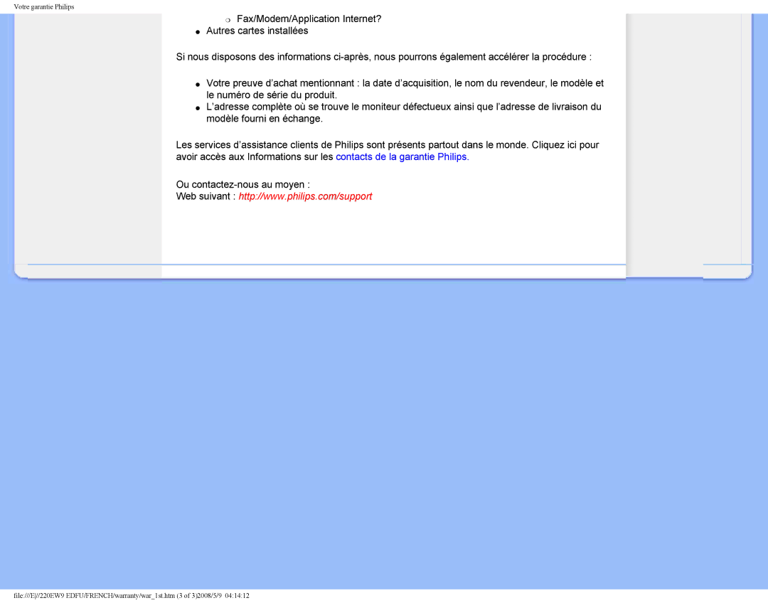 Philips 220EW9 user manual Votre garantie Philips 