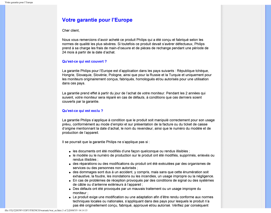 Philips 220EW9 user manual Votre garantie pour l’Europe, Qu’est-ce qui est couvert ? 