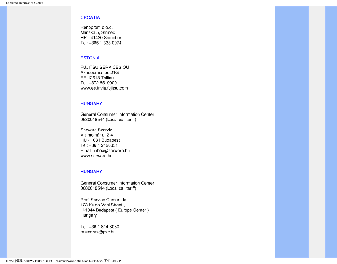 Philips 220EW9 user manual Croatia, Estonia, Hungary 