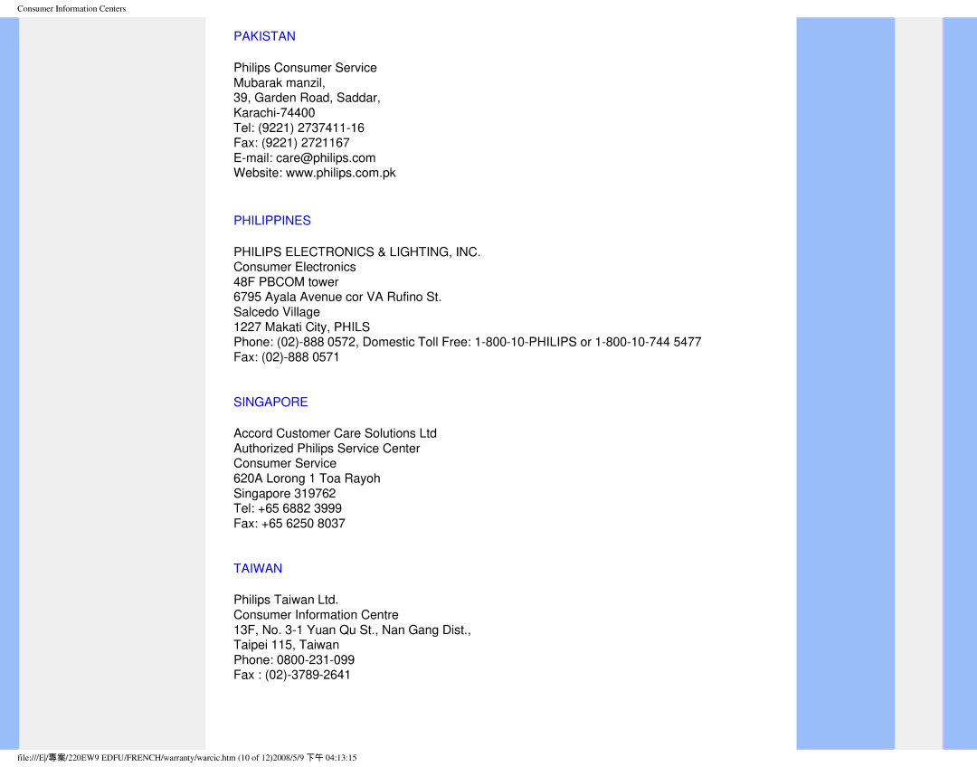 Philips 220EW9 user manual Pakistan, Philippines, Singapore, Taiwan 