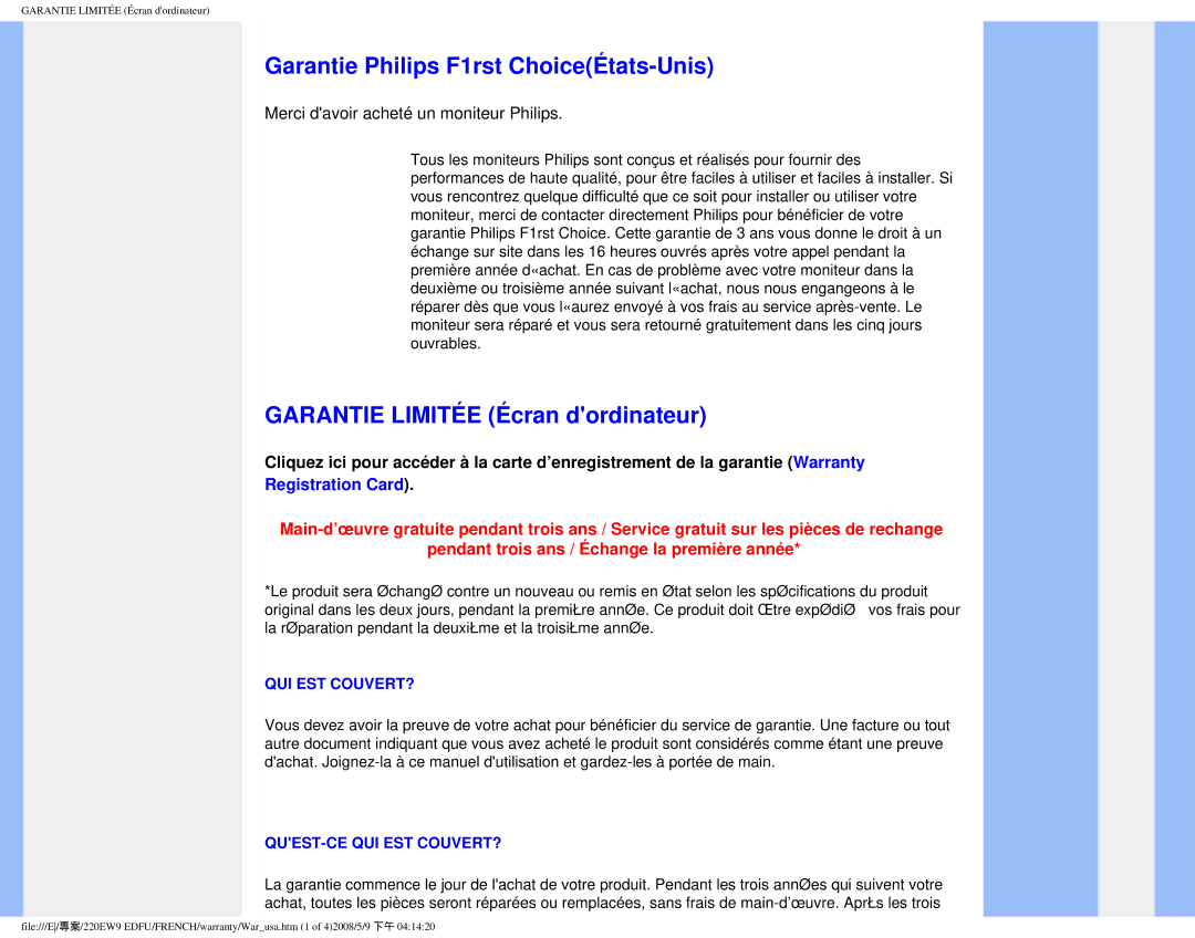 Philips 220EW9 user manual Garantie Philips F1rst ChoiceÉtats-Unis, Garantie Limitée Écran dordinateur, Registration Card 
