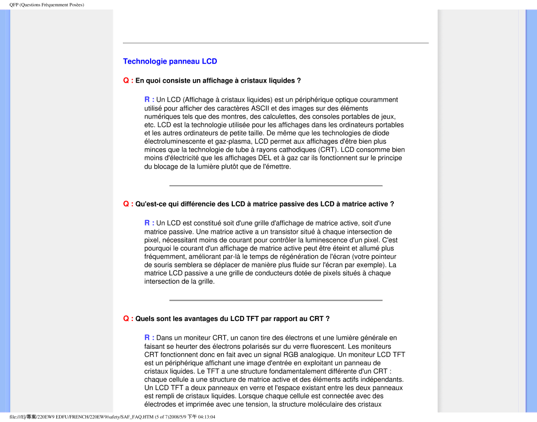 Philips 220EW9 user manual Technologie panneau LCD, En quoi consiste un affichage à cristaux liquides ? 