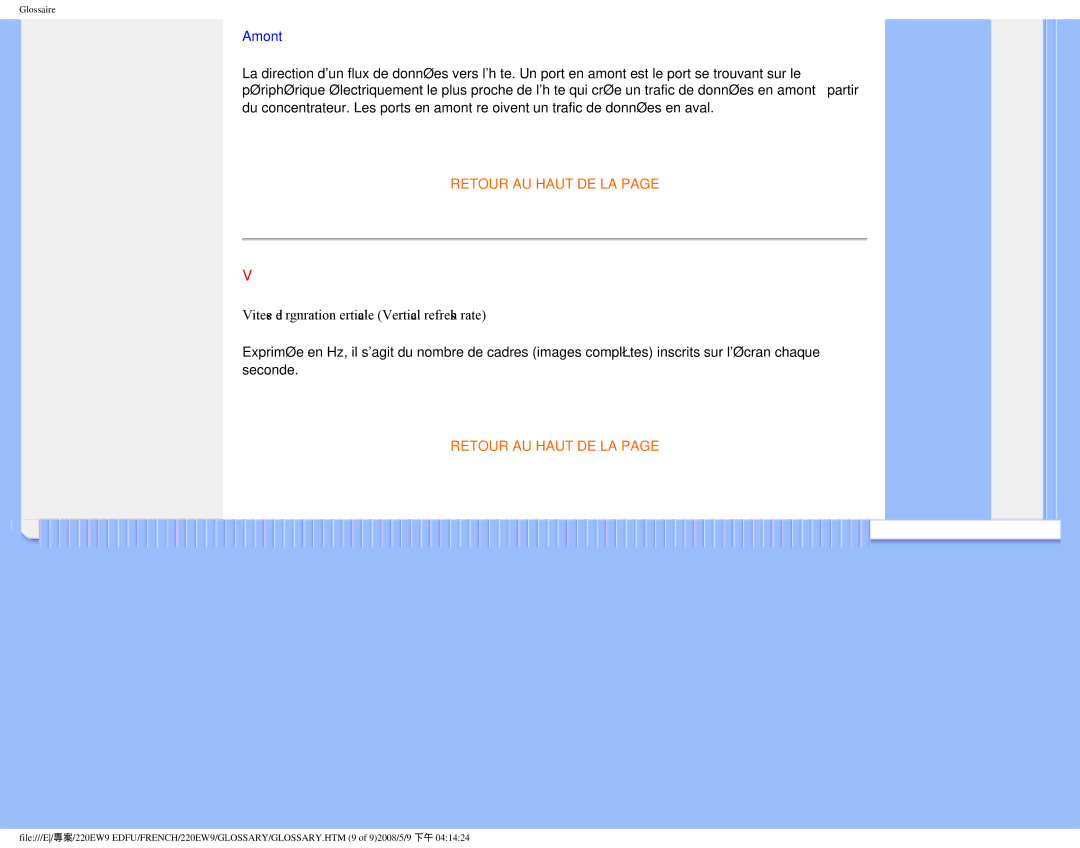 Philips 220EW9 user manual Amont, Vitesse de régénération verticale Vertical refresh rate 