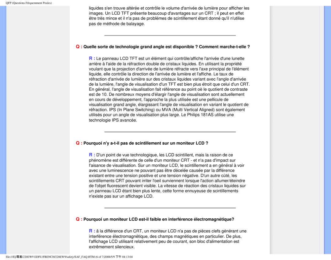 Philips 220EW9 user manual QFP Questions Frèquemment Posèes 