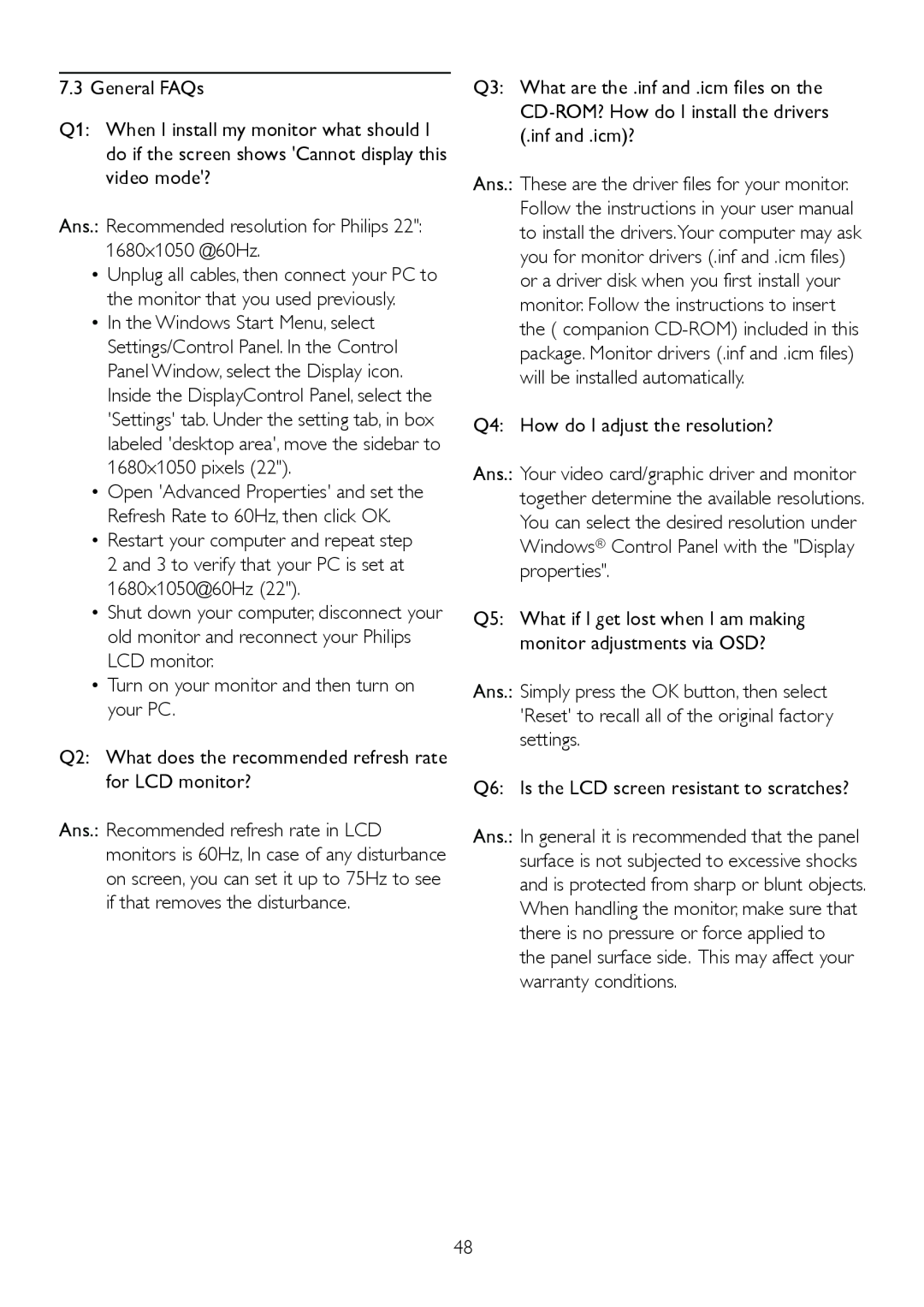 Philips 220P2ES/00 user manual General FAQs 