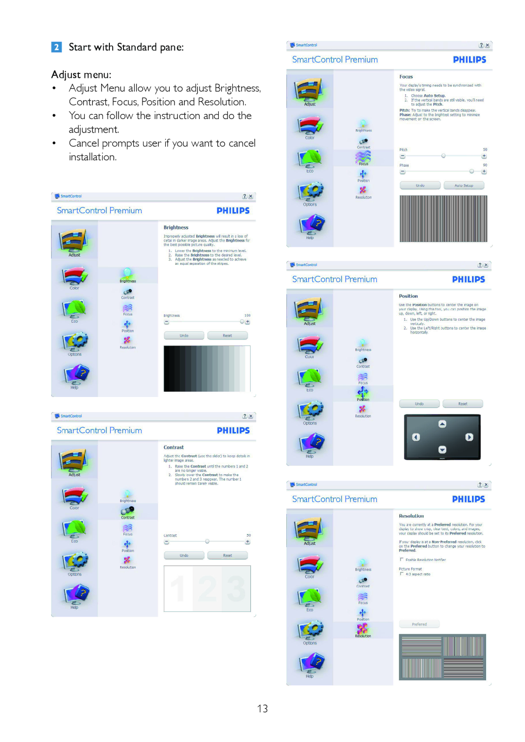 Philips 220P2ES/00 user manual Start with Standard pane Adjust menu 