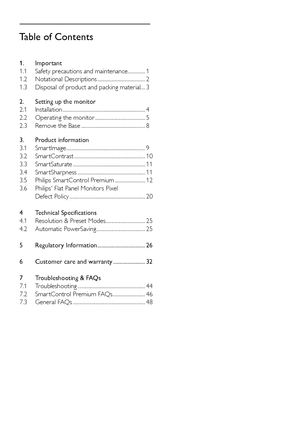 Philips 220P2ES/00 user manual Table of Contents 