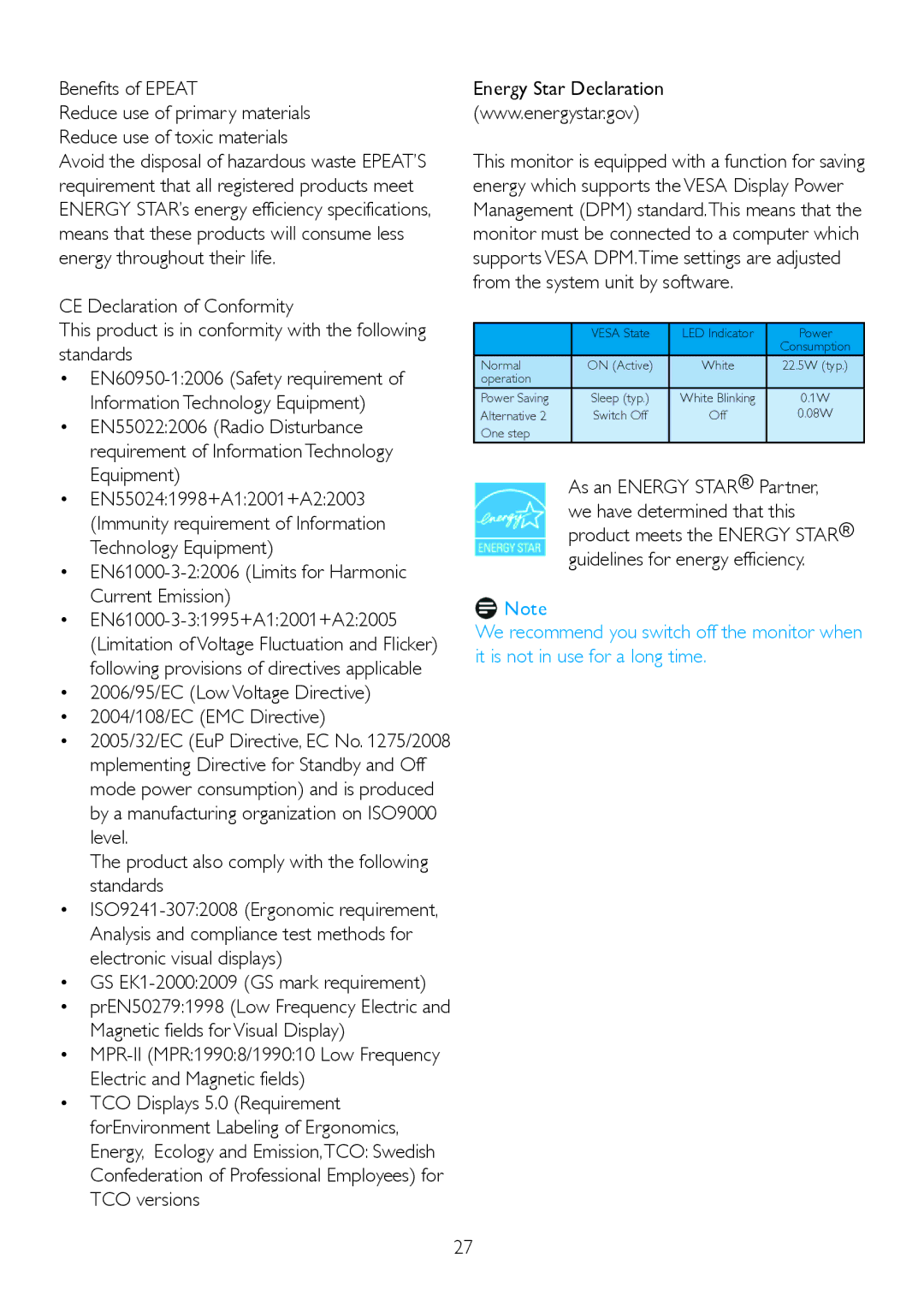 Philips 220P2ES/00 user manual Benefits of Epeat, EN61000-3-22006 Limits for Harmonic Current Emission 