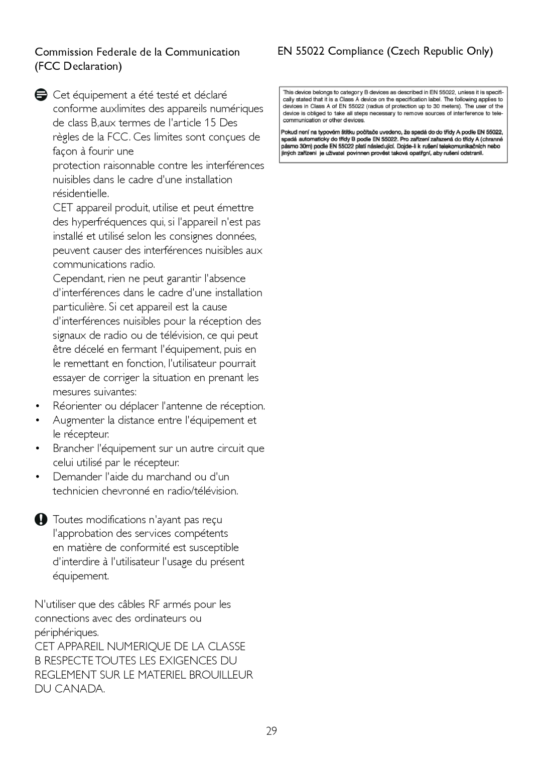 Philips 220P2ES/00 user manual Commission Federale de la Communication, FCC Declaration 