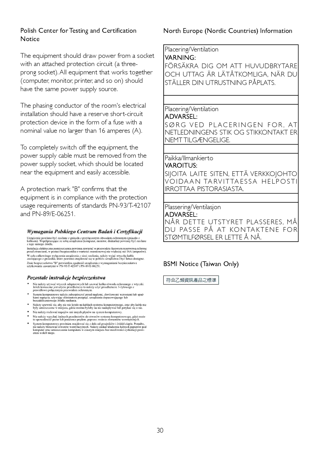 Philips 220P2ES/00 user manual Polish Center for Testing and Certification Notice, Paikka/Ilmankierto, Varoitus 