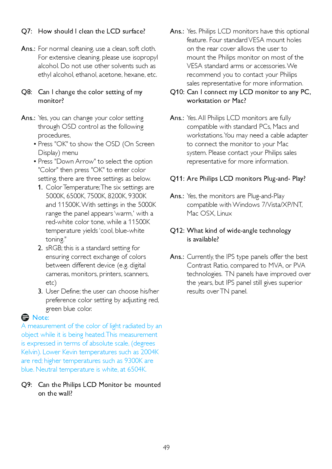 Philips 220P2ES/00 Q7 How should I clean the LCD surface?, Q9 Can the Philips LCD Monitor be mounted on the wall? 