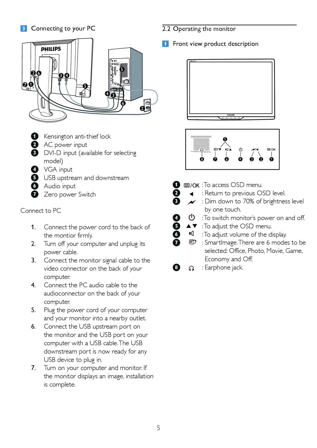 Philips 220P2ES/00 user manual To switch monitor’s power on and off 