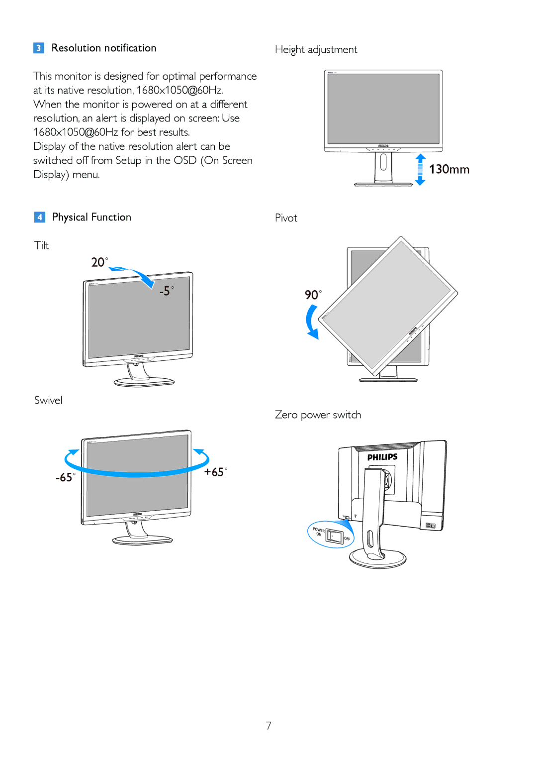 Philips 220P2ES/00 user manual Resolution notification, Height adjustment, Pivot, Swivel Zero power switch 