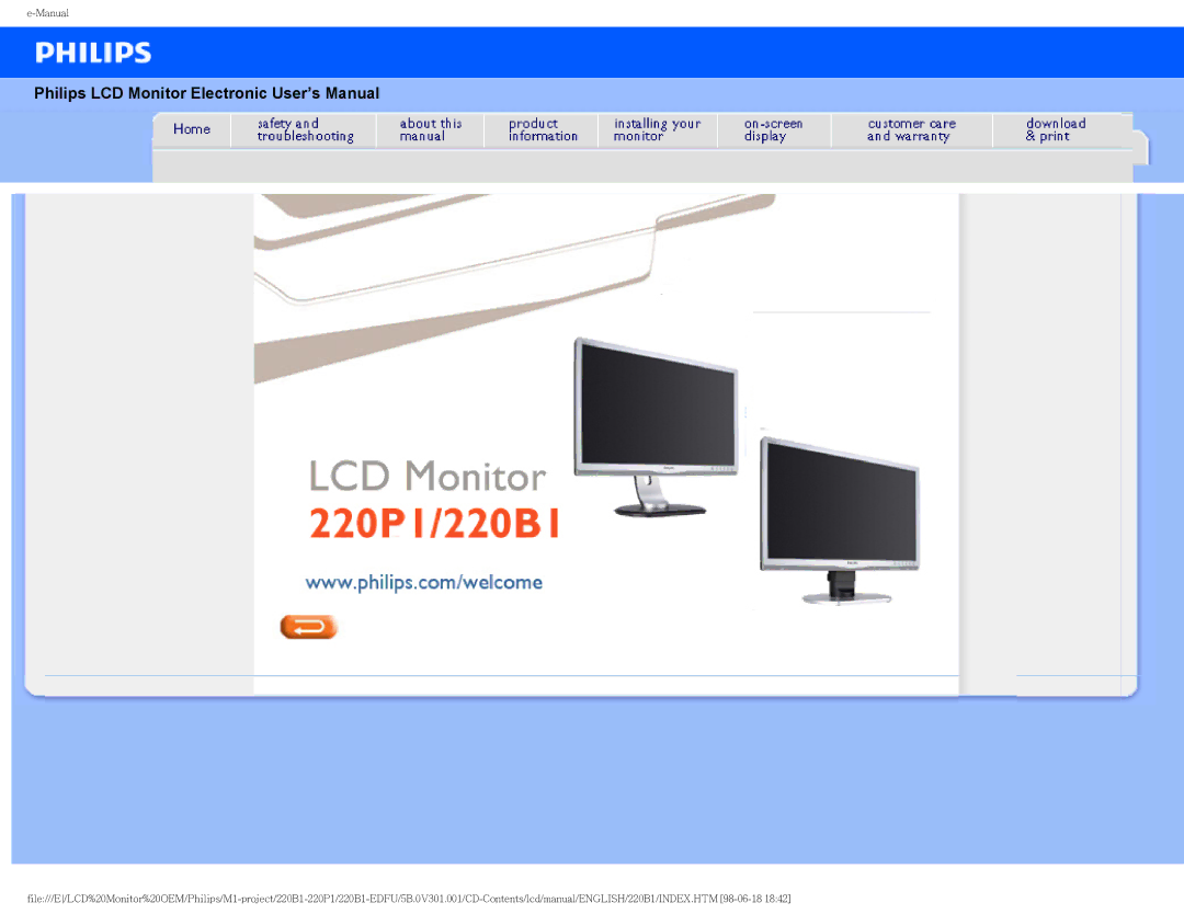 Philips 220B1CB/00, 220PI, 220BI user manual Philips LCD Monitor Electronic User’s Manual 