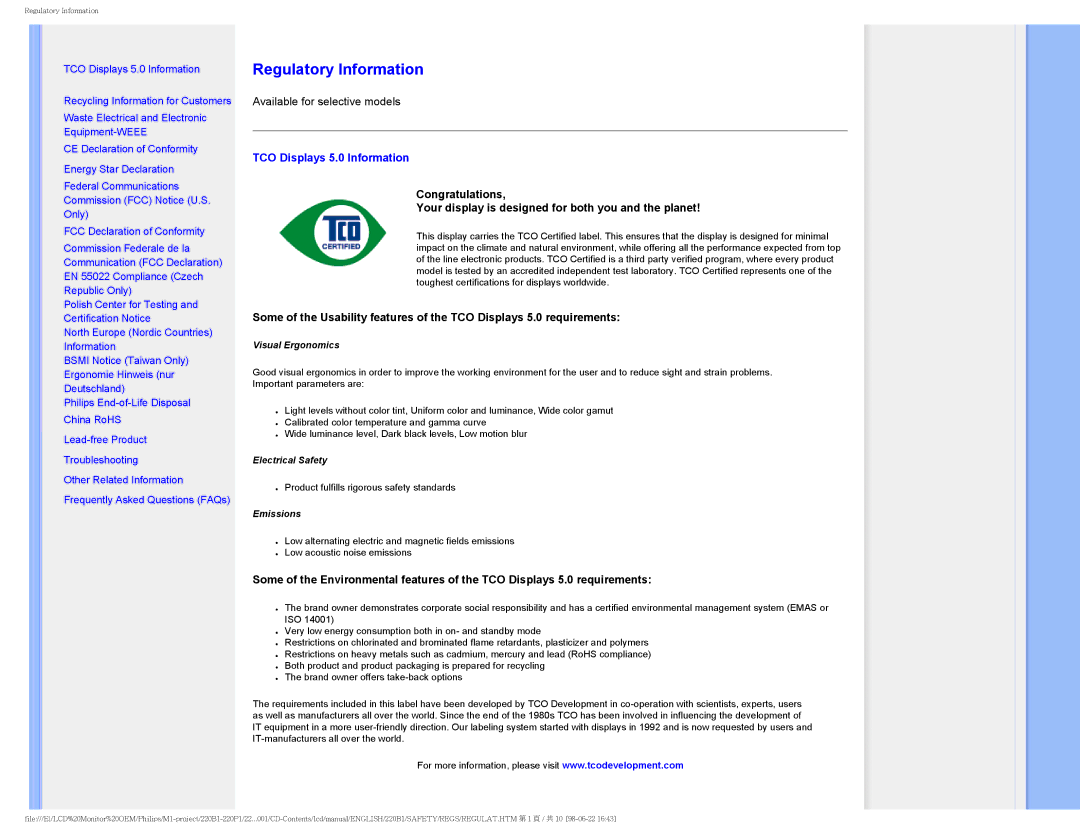 Philips 220PI, 220B1CB/00, 220BI user manual Regulatory Information, TCO Displays 5.0 Information 