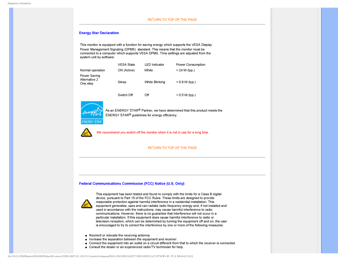 Philips 220PI, 220B1CB/00, 220BI user manual Energy Star Declaration, Federal Communications Commission FCC Notice U.S. Only 