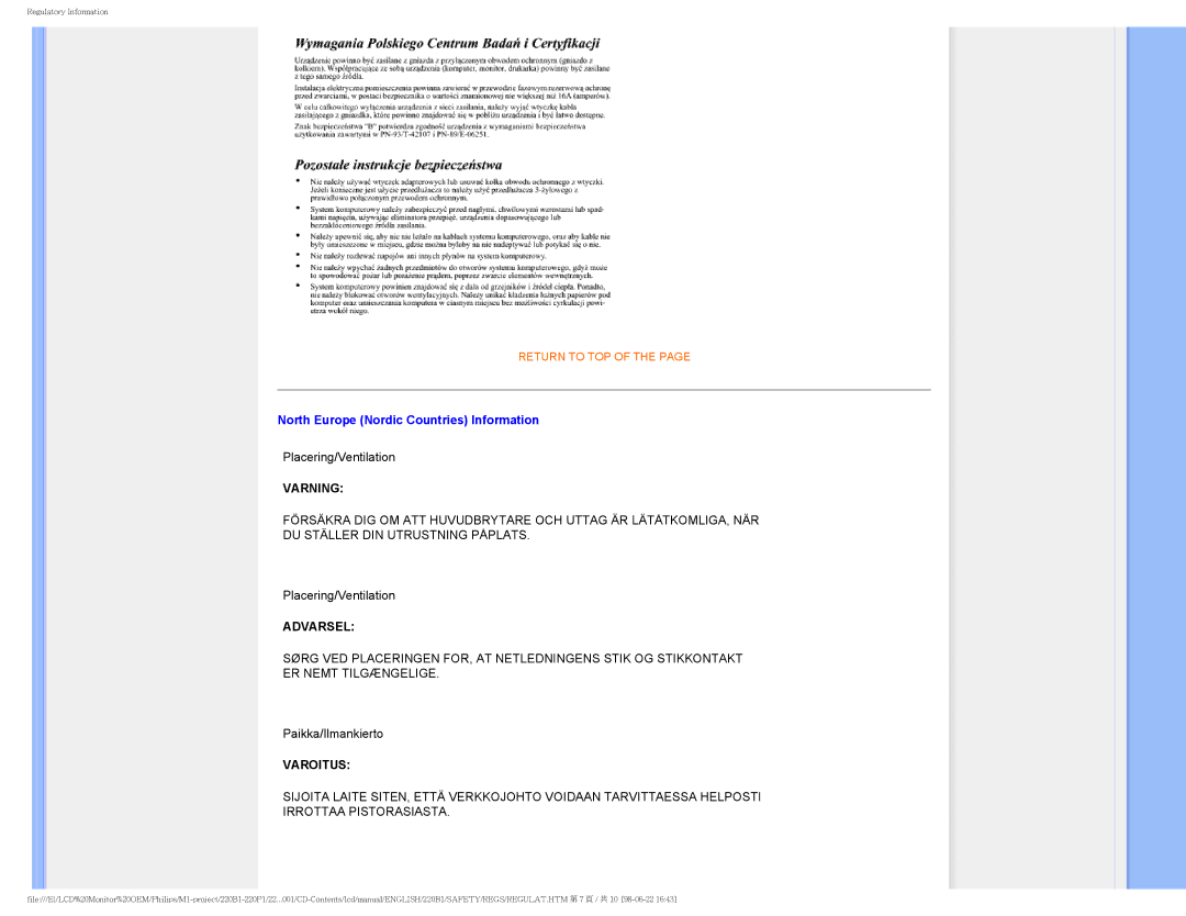 Philips 220PI, 220B1CB/00, 220BI user manual North Europe Nordic Countries Information, Varning 