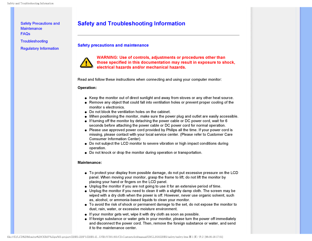 Philips 220BI, 220PI, 220B1CB/00 user manual Safety and Troubleshooting Information, Safety precautions and maintenance 