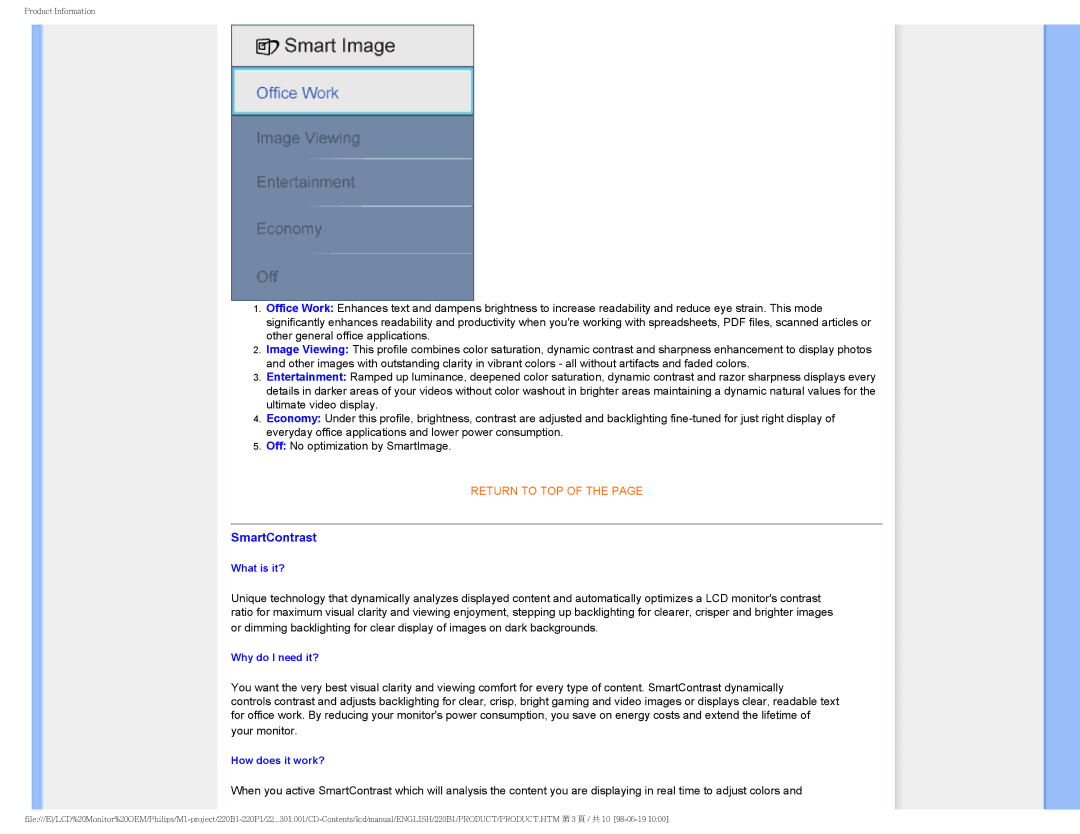 Philips 220BI, 220PI, 220B1CB/00 user manual SmartContrast 