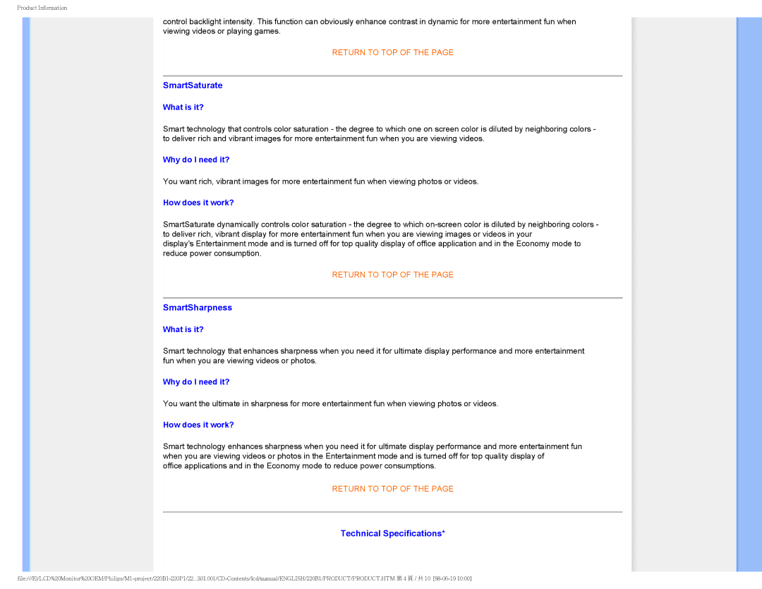 Philips 220PI, 220B1CB/00, 220BI user manual SmartSaturate 