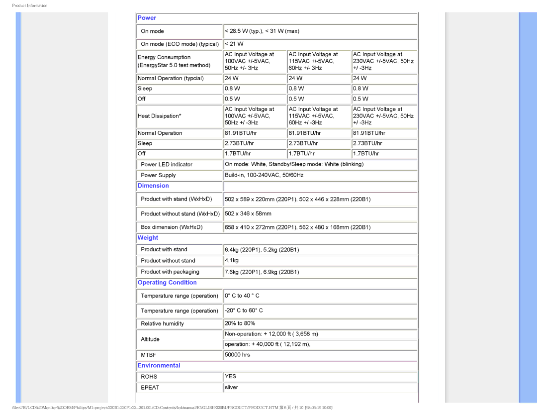 Philips 220BI, 220PI, 220B1CB/00 user manual Power 