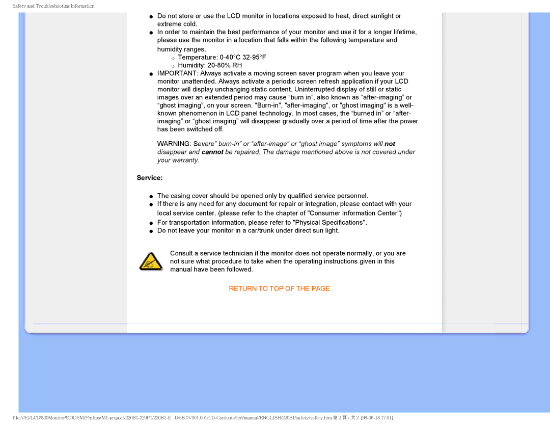 Philips 220PI, 220B1CB/00, 220BI user manual Service 