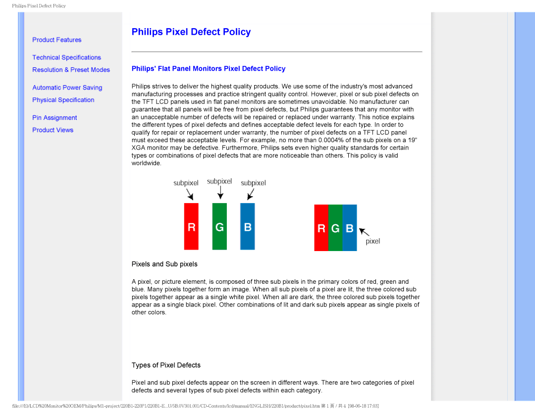 Philips 220B1CB/00, 220PI, 220BI user manual Philips Pixel Defect Policy, Philips Flat Panel Monitors Pixel Defect Policy 