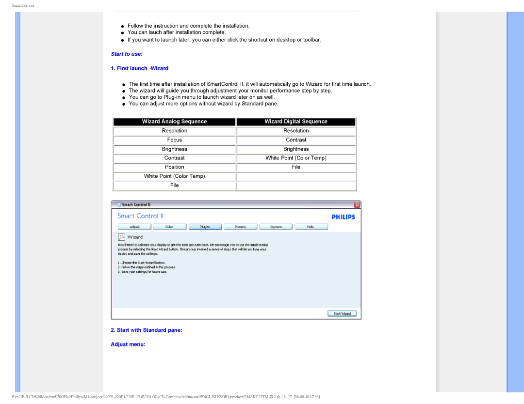 Philips 220PI, 220B1CB/00, 220BI user manual First launch -Wizard, Start with Standard pane Adjust menu 