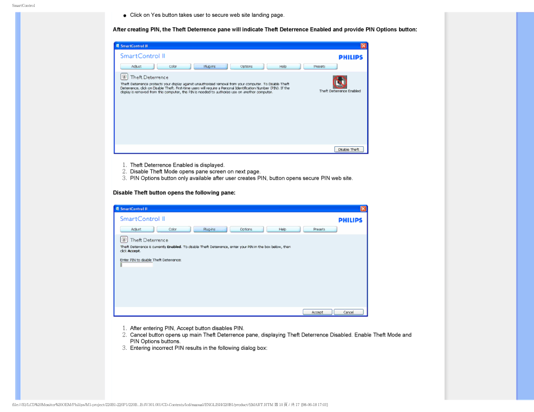 Philips 220BI, 220PI, 220B1CB/00 user manual Disable Theft button opens the following pane 