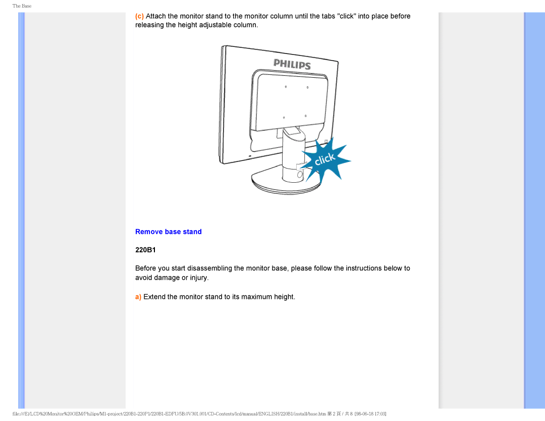 Philips 220BI, 220PI, 220B1CB/00 user manual Remove base stand 