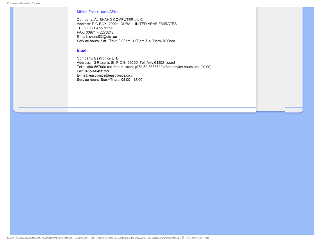 Philips 220BI, 220PI, 220B1CB/00 user manual Middle East + North Africa 