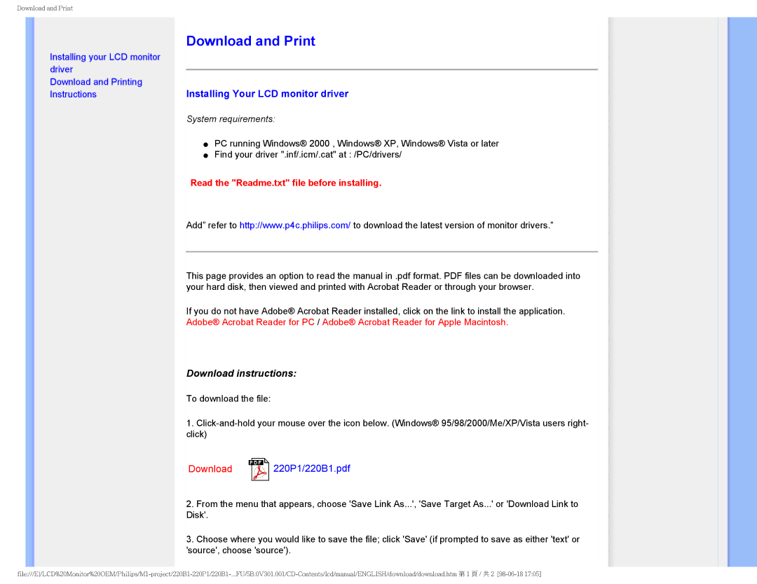 Philips 220PI, 220B1CB/00, 220BI user manual Download and Print, Installing Your LCD monitor driver 