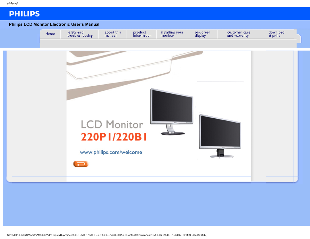 Philips 220BI, 220PI user manual Philips LCD Monitor Electronic User’s Manual, e-Manual 