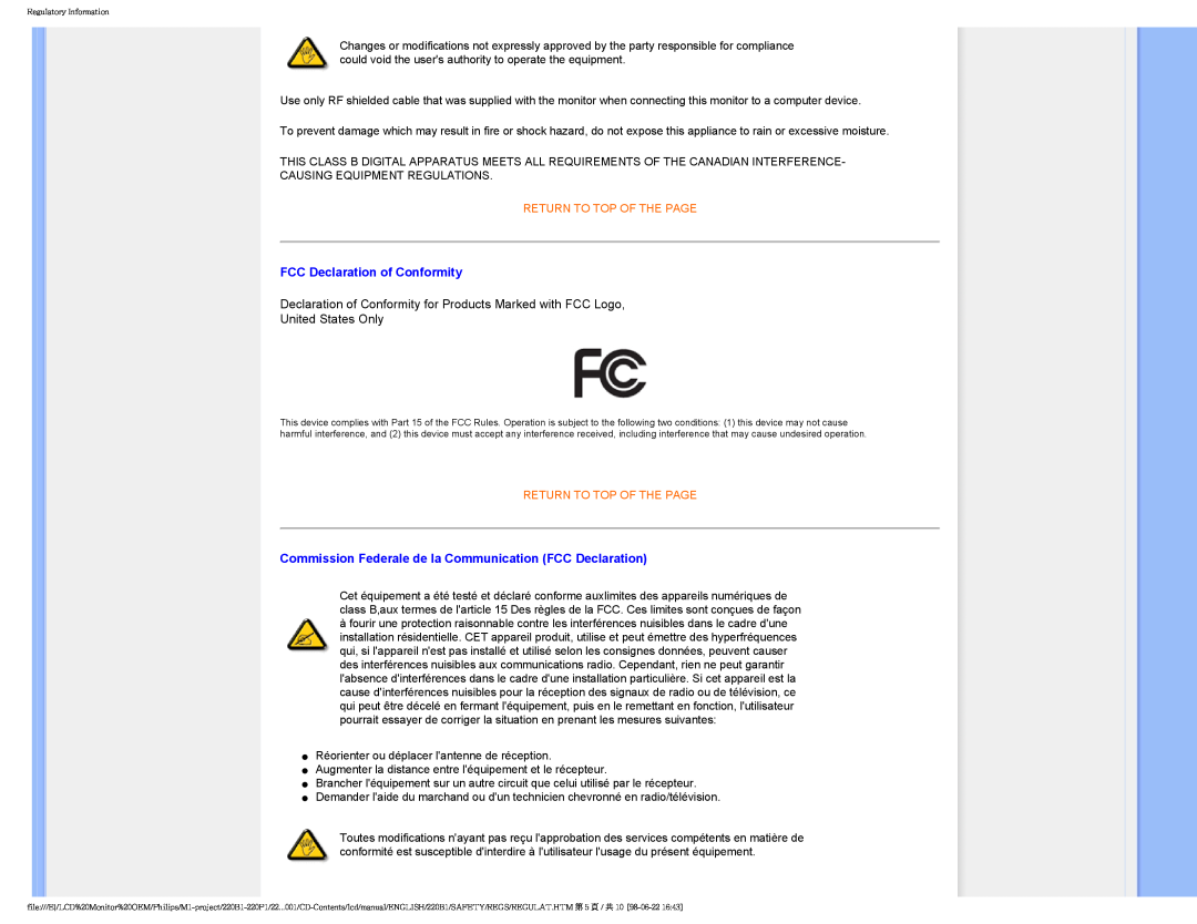 Philips 220PI, 220BI user manual FCC Declaration of Conformity, Declaration of Conformity for Products Marked with FCC Logo 