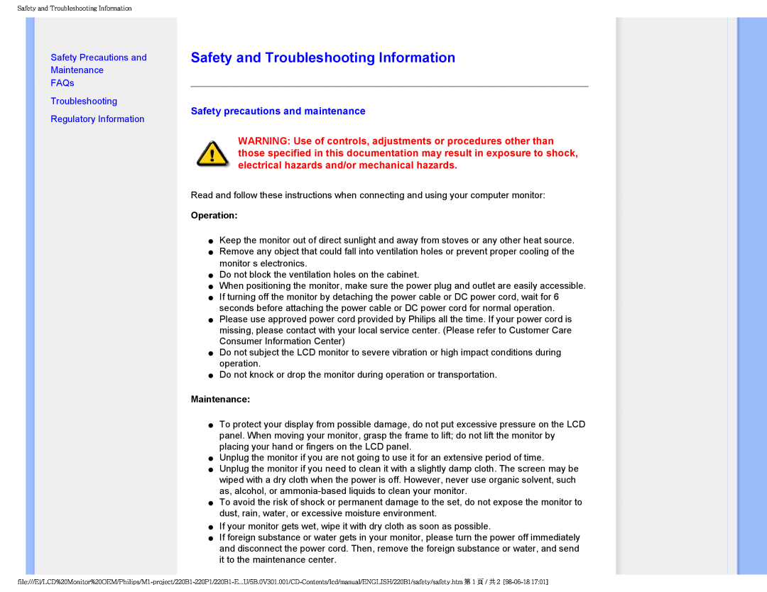 Philips 220PI, 220BI Safety and Troubleshooting Information, Safety precautions and maintenance, Regulatory Information 