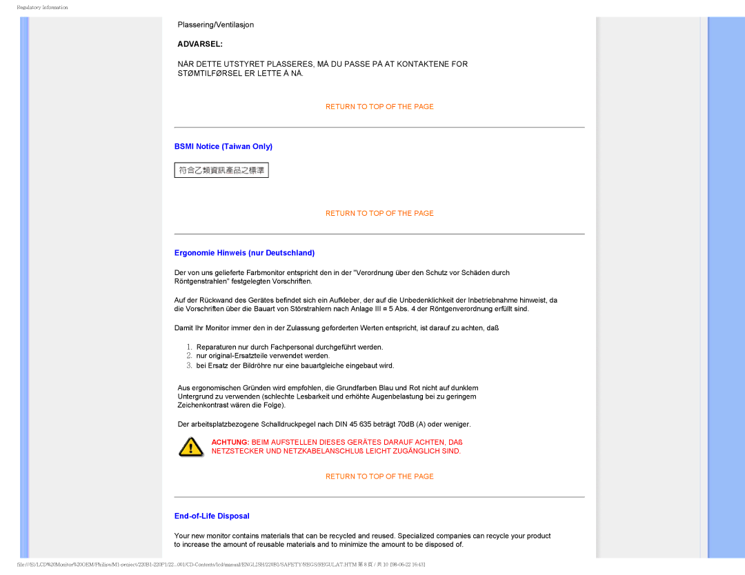 Philips 220BI, 220PI user manual Bsmi Notice Taiwan Only, Ergonomie Hinweis nur Deutschland, End-of-Life Disposal 